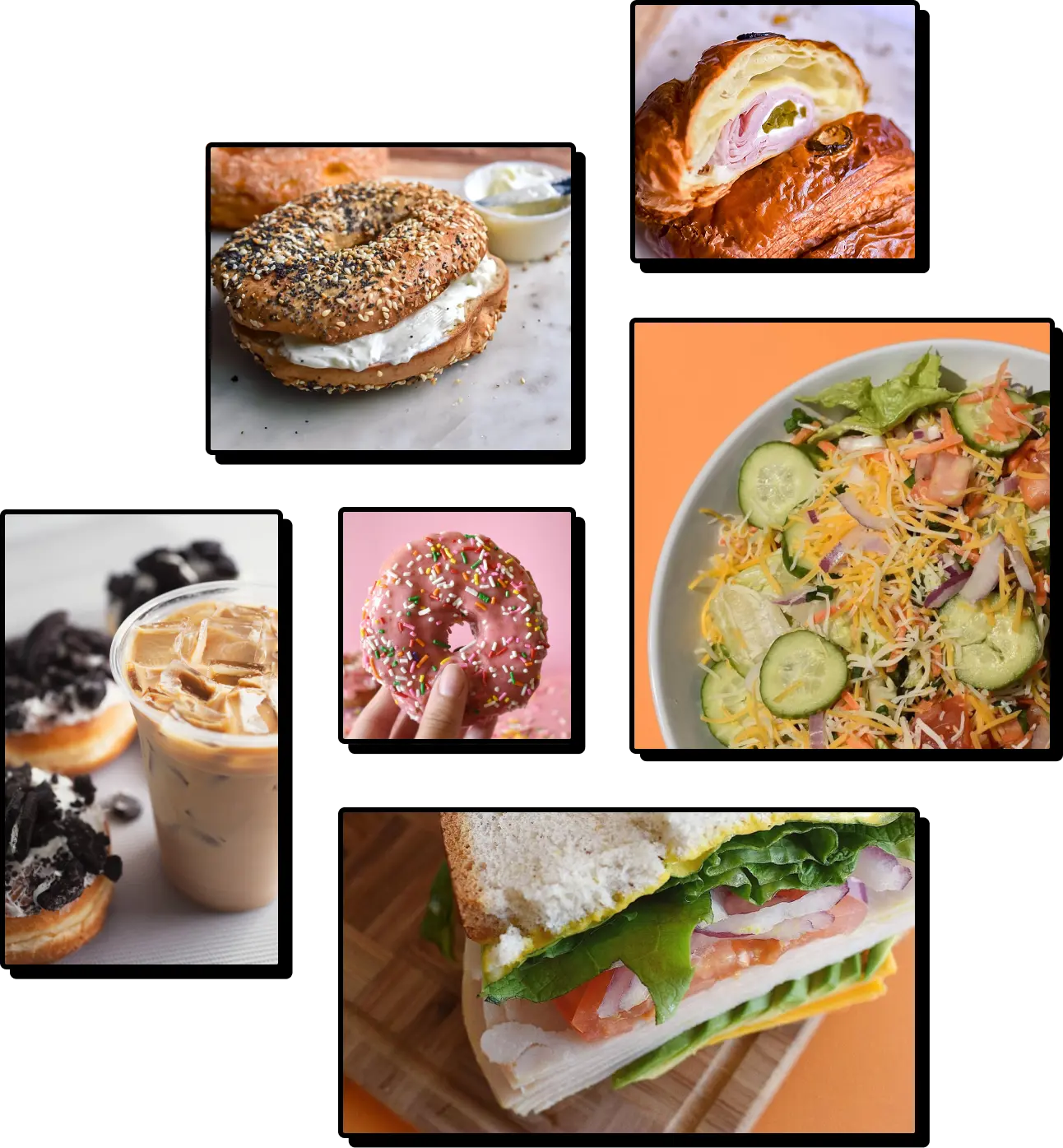 Collage of YLS pastries, sandwiches, bagels, and beverages